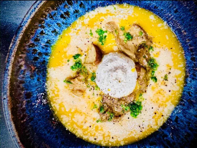 Butternut Cream with Sautéed Hedgehog Mushrooms and Chestnut Ricotta