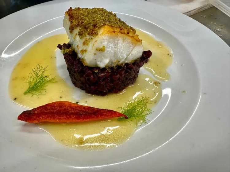 Wild Cod Fillet, Black Rice from Vercelli and Beurre Blanc Sauce