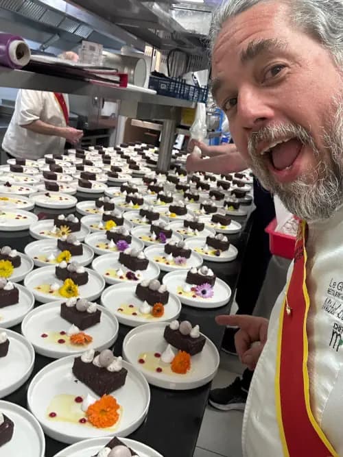A chocolate dessert prepared for a Disciples of Escoffier event